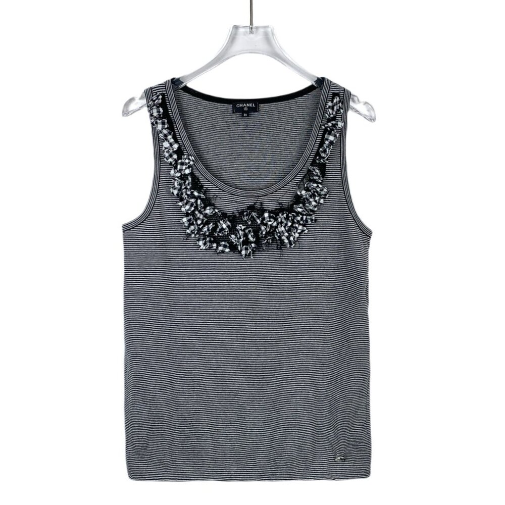 Chanel Black & White Striped Cotton Sleeveless Top with Logo Button Detail